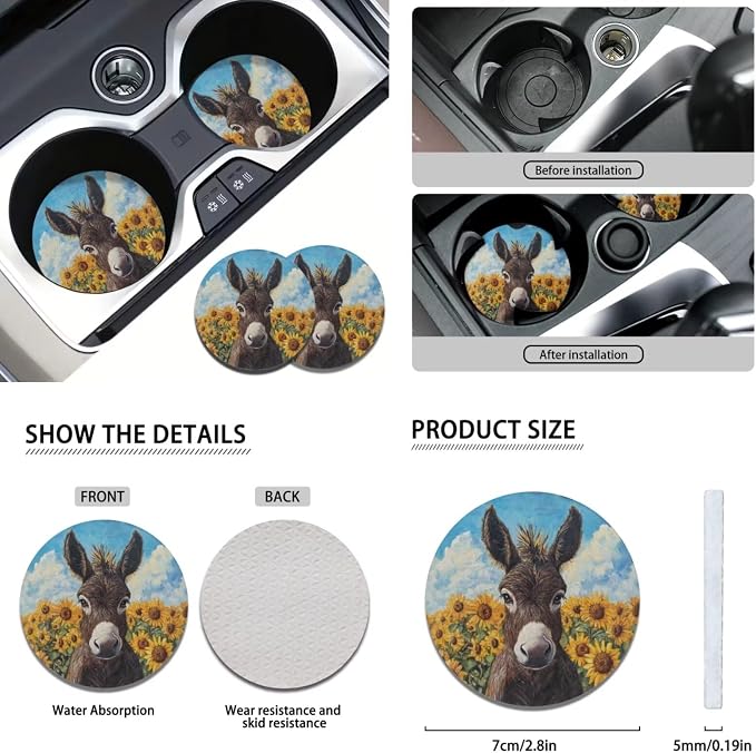Donkey Car Seat Covers Universal Fit Most Vehicles Seat Cushion Covers Full Set with Steering Wheel Cover/Coasters/Seatbelt Pad/Shift Knob Handbrake Cover Sunflower Auto Accessories Set of 11