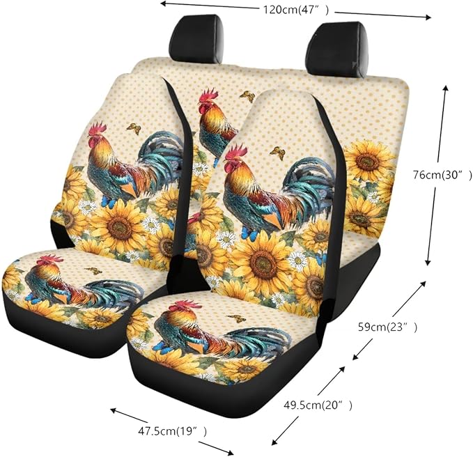 Rooster Chicken Sunflower Butterfly Print Car Interior Accessories Set of 13, 4 PCS Auto Front and Back Seat Covers, 1 Steering Wheel Cover, Seat Belt Pads Set of 4, 4 Pieces Cup Coasters