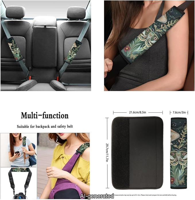 Ystardream Retro Moth Mushroom Car Seat Covers Full Set for Women Girly Car Seat Covers with Matching Steering Wheel Cover Machine Wash Automatic Interior Set Green