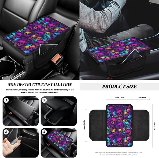 Skull Print 14Pcs Full Set Car Seat Covers with Accessories, High Back Car Front and Rear Seat Covers with Steering Wheel Cover Center Console Pad and Safety Belt Pads, etc