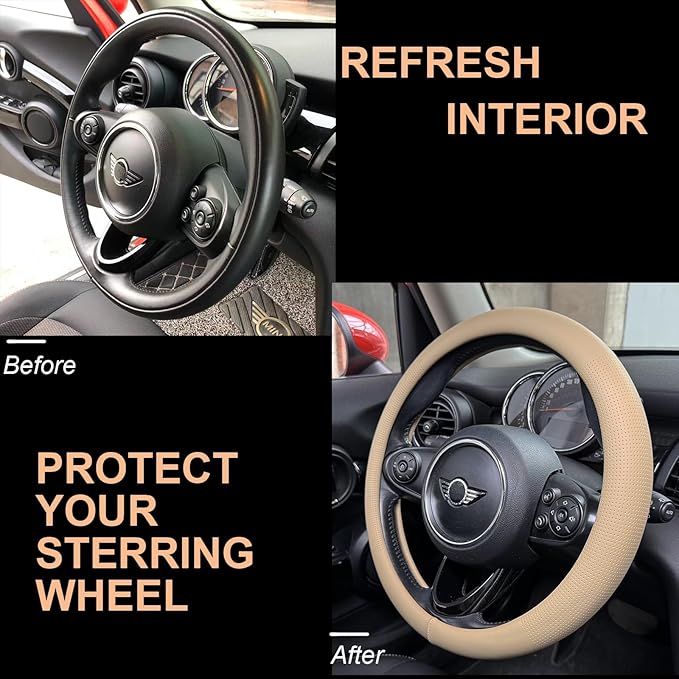 PINCTROT Nappa Leather Steering Wheel Cover, Slim Fit No Bulk Design, One Piece Leather with Breathable Perforation, Fit Like Gloves, Universal 14.5-15 Inch(Nappa Light Taupe)