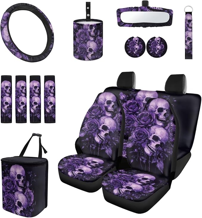 15 Pcs Purple Rose Skull Car Seat Covers Full Set for Women Goth Car Accessories Interior Car Steering Wheel Cover Seatbelt Covers Trash Bin Rear View Mirror Cover Cup Holders Keychain