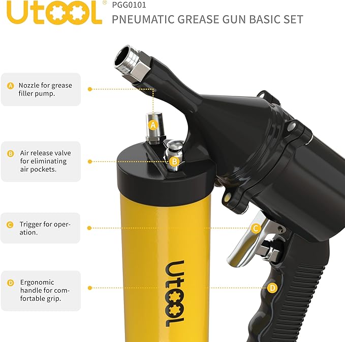 UTOOL Pneumatic Grease Gun | 6000 PSI Air Operated Grease Gun Kit, 14 oz Capacity, 18 Inch Resin Flex Hose, 1 Extension Bend Pipe, 1 Sharp Type Nozzle, 1 Basic Coupler, 1 Zerk Cleaner