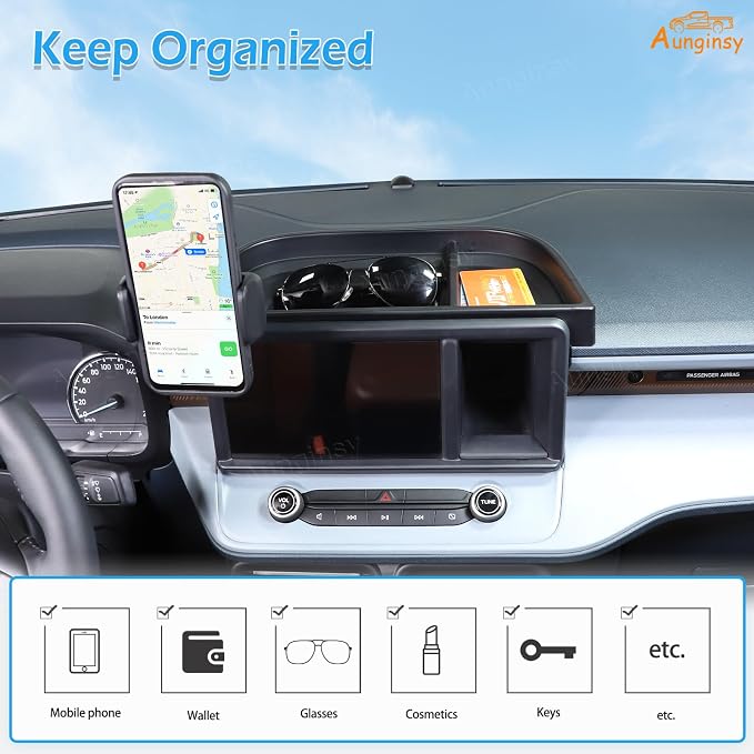 Aunginsy Center Console Dash Storage Tray Compatible with Ford Maverick 2022 2023 2024 Dashboard Multi-Functional Phone Holder Storage Box Organizer Tray Insert with Mobile Phone Mount Accessories