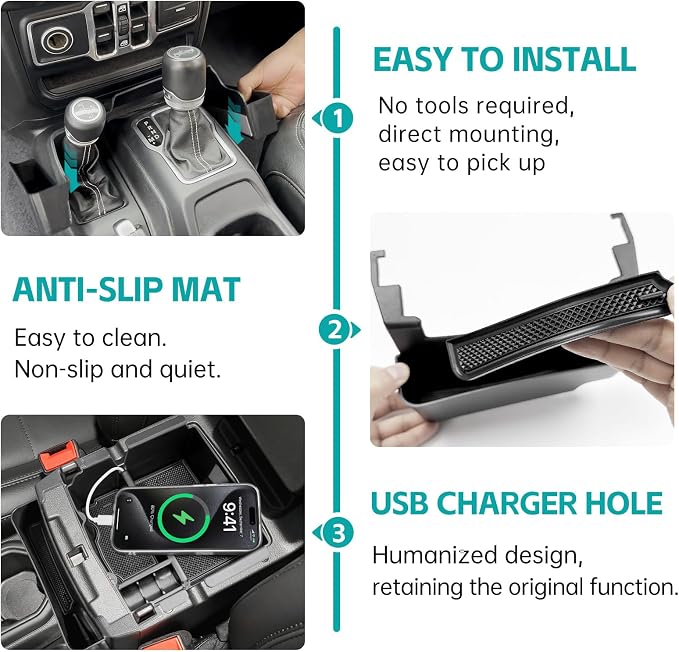 3PCS Center Console Organizer Combo Kit Compatible with 2018-2026 Jeep Wangler JL JLU 4xe Rubicon Sahara & Gladiator JT Accessories, Insert/Hanging Armrest Storage Box & Gear Shift Side Tray