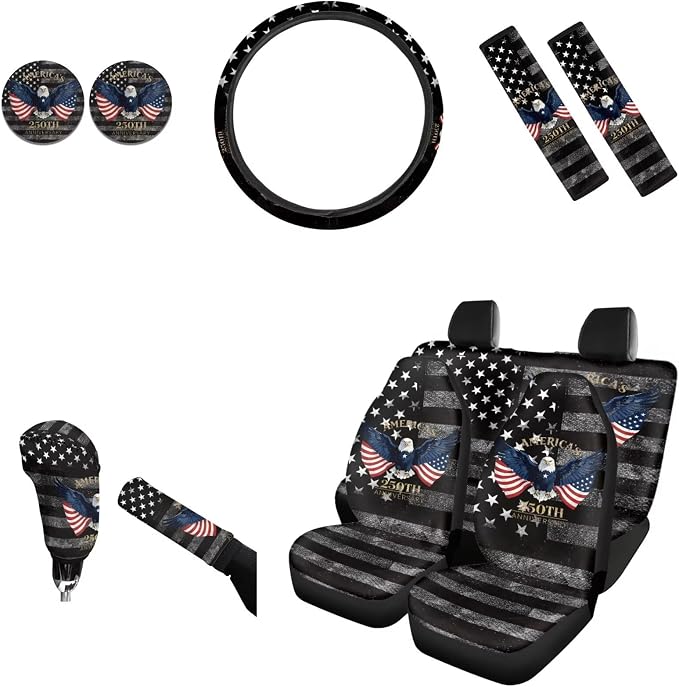 AFPANQZ Car Seat Covers Full Set Seat Belt Shoulder Pads Cup Holder Steering Wheel Cover, Black American 250 Years Gear Shift Knob Cover Handbrake Protector Full Set of 11