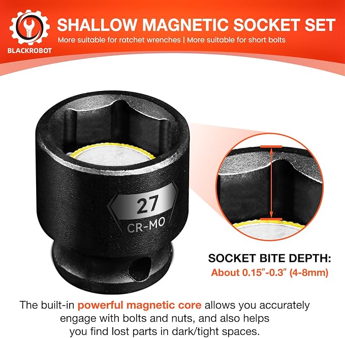 BLACKROBOT 1/2" Drive Magnetic Impact Socket Set, 15-Piece Shallow Socket Set with Storage Rail, Metric Size (10-22mm, 24mm, 27mm), 6-Point Magnetic Sockets, Cr-Mo Steel