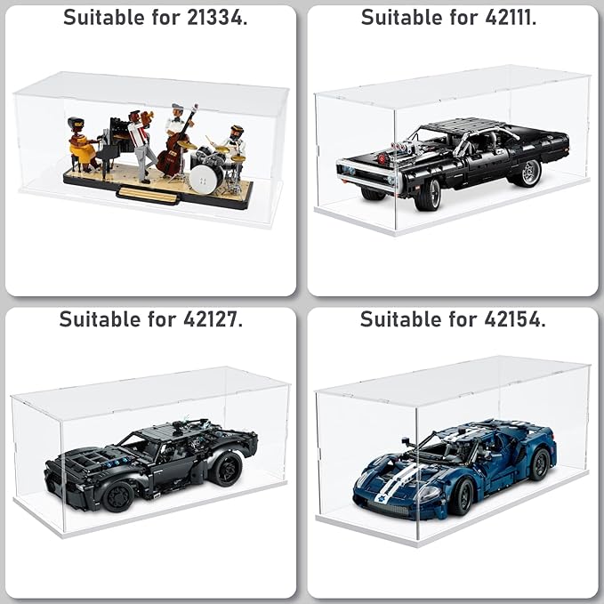 Choowin Acrylic Display Case for Lego Car Dodge Charger Batmobile Jazz Quartet - Thickened Clear Acrylic Display Box for Collectibles - Dustproof, Assemble, White Base