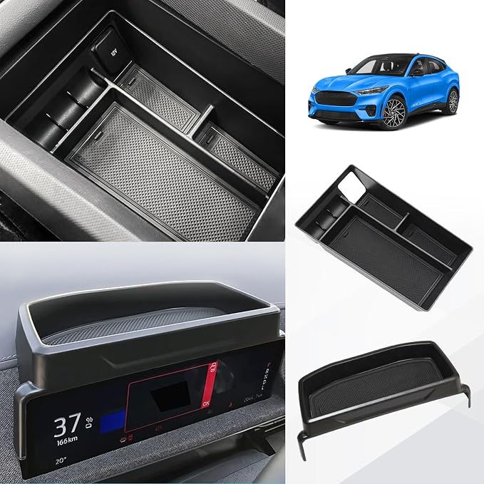 BestEvMod Center Console Organizer & Dash Tray Compatible with 2021-2024 Mustang Mach E Middle Storage Box with Coin Holder Storage 2PCS Set(V1 Console Organizer+Dash Tray)