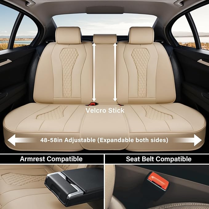 Coverado Automotive Seat Covers,Back Car Seat Cover,Rear Seat Cover,3-Pieces Luxury Car Seat Cushion,Beige Seat Cover Seat Protector Universal