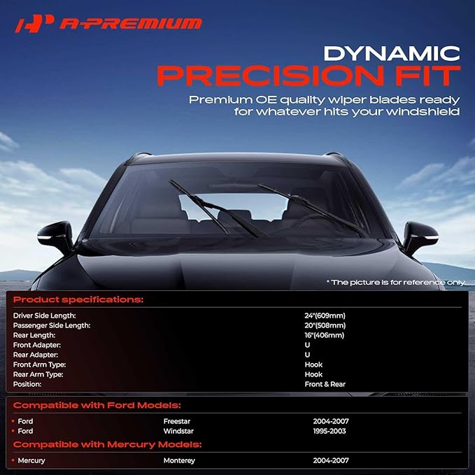 A-Premium 24"+20"+16" APWB511 Windshield Wiper Blades Compatible with Ford Windstar 1995-2003, Freestar & Mercury Monterey - Front Rear Wipers Blade Set with Wear Indicator & Towel (Pack of 3)