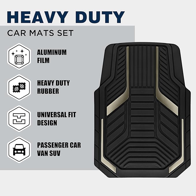 PIC AUTO Heavy Duty Rubber Floor Mats, Gray Aluminum Film Car Mats Set, Front and Rear Car Mats with Anti-Slip Backing, All Weather Protection, Trim-to-Fit for Automotive SUV, Sedan, Van