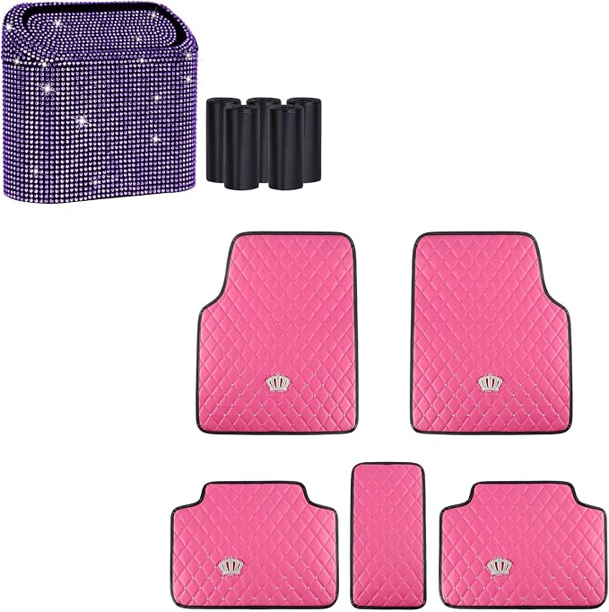 eing Car Trash Can with Lid, Mini Vehicle Trash Bin Purple & Pu Leather Floor Mats for Car Pink