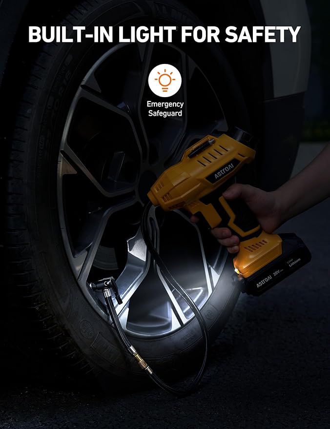 AstroAI Cordless Tire Inflator Air Compressor 20V Rechargeable Battery Powered 160PSI Portable Air Pump with 12V Car Power Adapter Digital Pressure Gauge for Cars Motorcycles （C2）Yellow