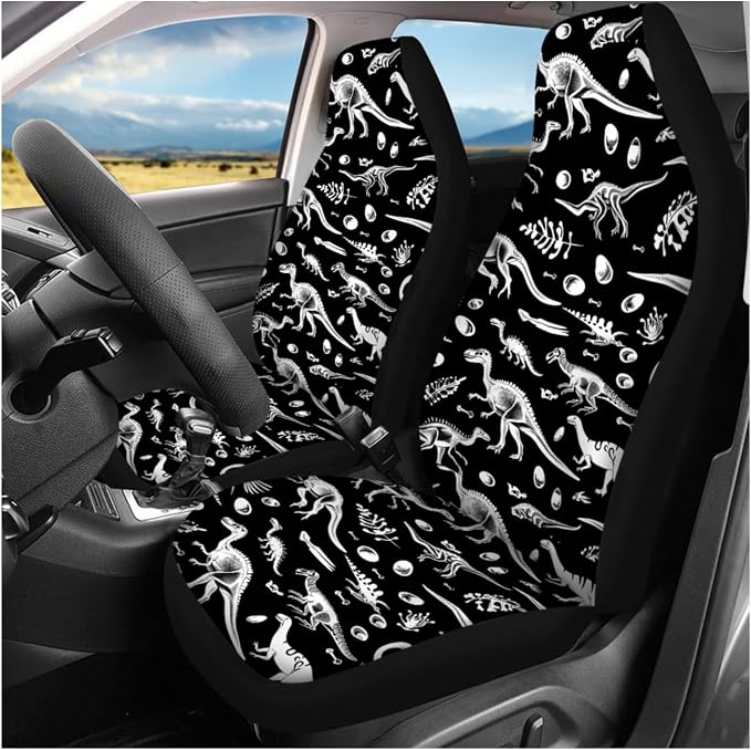 Ystardream Dinosaur Print Car Seat Covers Full Set – Front and Rear Bench Back Seat Cover Set with Steering Wheel Cover/Seat Belt Cover/Cup Coasters/Keyrings Cute Cartoon Car Accessories