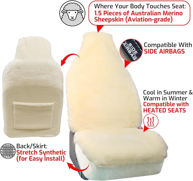 Aegis Cover Sheepskin Car Seat Cover Genuine Australian Merino Wool Front Seat Cover Luxury Dense Pelt Universal Fit for Most SUVs, Trucks, Bucket-Style, 54 X 22 Inches (Cream)