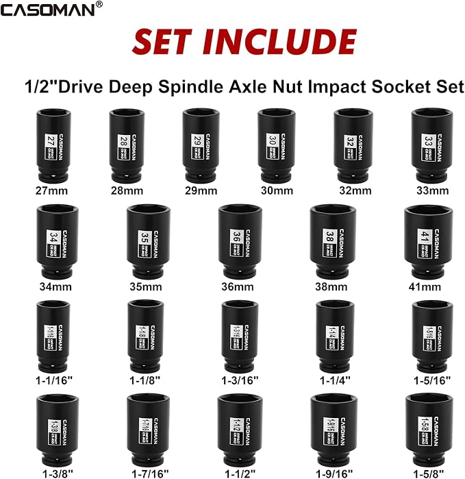 CASOMAN 1/2” Drive Deep Big Impact Socket Set, 21 - Piece Large Spindle Axle Nut Impact Wrench Socket Set, 6 Point, CR-MO, Metric & SAE, 27mm - 41mm, 1-1/16" - 1-5/8"