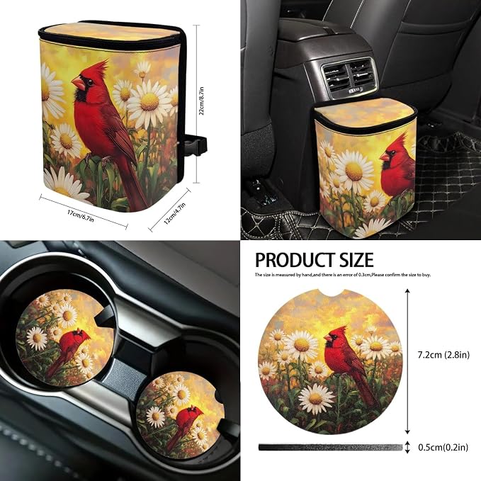 Suobstales Cardinal Daisy Flower Print 13 Pack Car Seat Cover Full Set Seat Cover Protector with Steering Wheel Cover + Seat Belt Covers + Car Trash Can + Rearview Mirror Cover + Coasters + Keychains
