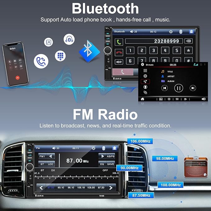 Nhopeew Double Din Car Stereo with Bluetooth and Backup Camera 7 Inch Touch Screen Car Radio Support AUX/USB/TF Card/Mirror Link/Steering Wheel Control