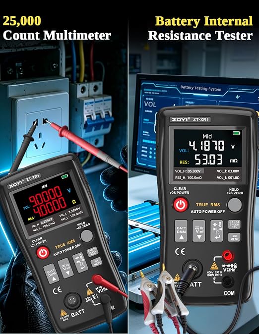 2 in 1 Battery Internal Resistance Tester Multimeter, 0~±100V 4-Wire Measurement, Auto Range 25000 Counts Multimeter for Automotive Battery Inspection, Industrial Tools, Appliance Repair