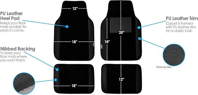 FH Group Car Seat Covers Premium PU Leather Seat Covers Full Set w. F14408 Carpet Liners – Universal Fit for Cars Trucks and SUVs (Black) PU002115