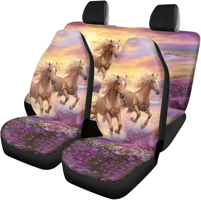 Purple Flower Horse 17 Pcs Car Accessories Seat Covers Full Set Steering Wheel Cover Floor Mats Center Console Pad Cup Holders Seat Belt Pads for Women Men Car Interior Decor