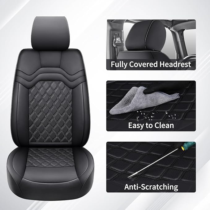 Huidasource Fit for Chevy Silverado Front Seat Covers, GMC Sierra Front Seat Covers 1500 2007-2026, 2500HD 3500HD 2015-2026 Crew Double Extended Cab, Nappa Leather Front Seat Cover for Trucks, Black