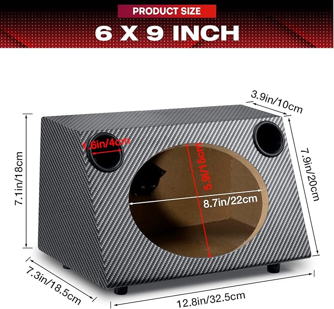 6" X 9" Speaker Enclosure, Trapezoidal Car Speaker Empty Enclosure w/Sound-Absorbing Cotton & Speaker Spikes Pad Mat, PVC Veneer Speaker Box Enclosure for Home, Vehicle Sub Sound Supplies