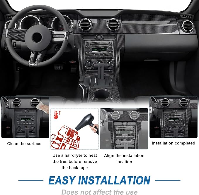 Real Carbon Fiber Interior Trim Kit Compatible with Ford Mustang 2005-2009, Interior Decor Sticker Accessories