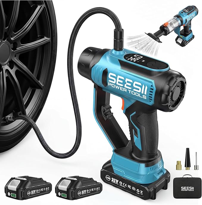SEESII Tire Inflator Portable Air Compressor, 21V Cordless 150PSI Car Air Pump with 2×2000mAh Batteries, 2-IN-1 Tire Inflator & Car Vacuum 20000Pa Suction, Digital Gauge, LED Light for Car, Ball, Bike