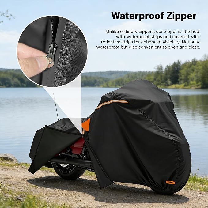 XYZCTEM Motorcycle Cover Heavy Duty Waterproof with Side Box, Fits Harley Davidson Touring Models Road King Road Glide Street Glide Electra Glide Outdoor All Weather Protection, 107 Inch