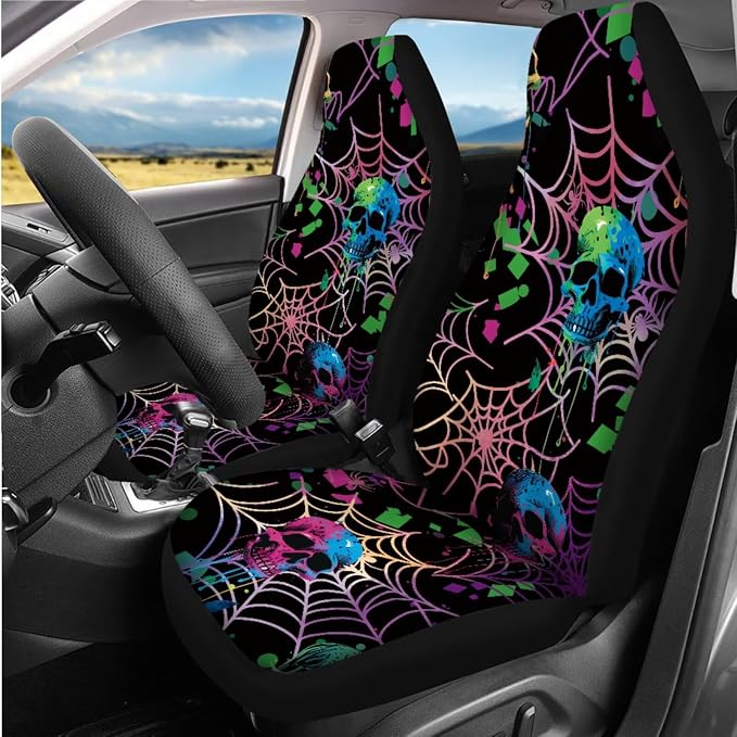Colorful Spiderweb Skulls Car Seat Cover Full Set with Car Steering Wheel Cover, Auto Armrest Pad Protector, Auto Seat Belt Pads, Halloween Automotive Decorations Set of 8