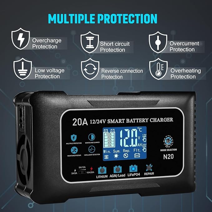 12V/24V 20 Amp Car Battery Charger,Fully Automatic Battery Maintainer,Trickle Charger w/Overcharge Protection Repair for Lithium,LiFePO4,Lead Acid, AGM, Gel, Deep Cycle Battery