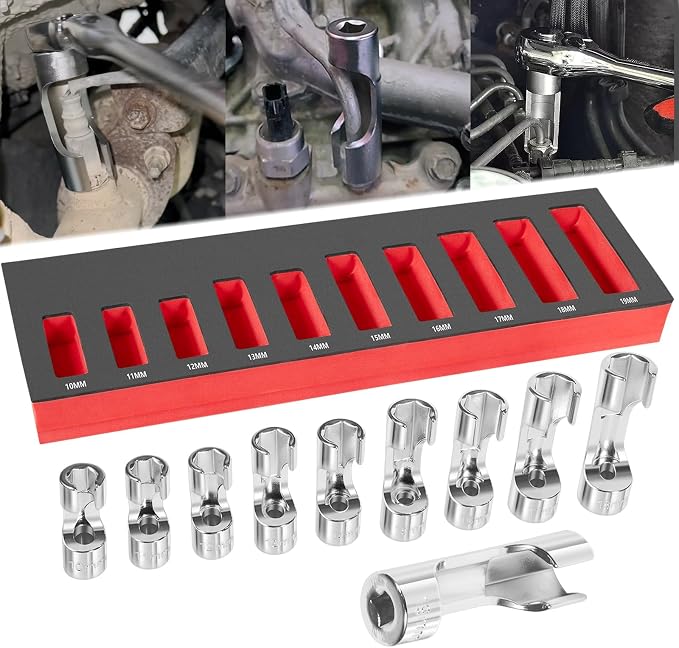 12030 Flare Nut Socket Set, 10pc, 10-19 mm 3/8" Drive Diesel Injector Fuel Line Socket Wrench Set for Fastener on Wired Temperature Sensors, Thermo Switches, ABS Tube, Master Cylinder, Coolant, etc