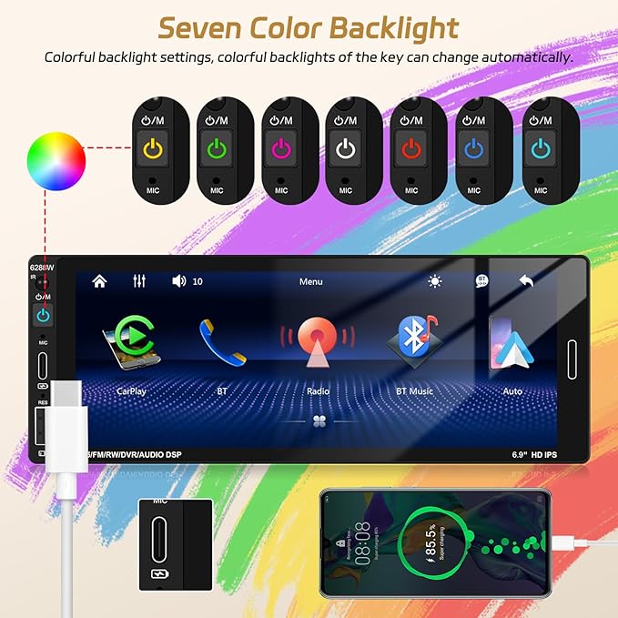 6.86 Inch Wireless CarPlay Car Stereo, Touch Screen Android Auto Radio with Mirror Link, Single Din Bluetooth 5.0 Audio Receiver with FM/RDS, EQ, Power-Off Memory,TF/USB/SWC + Rear View