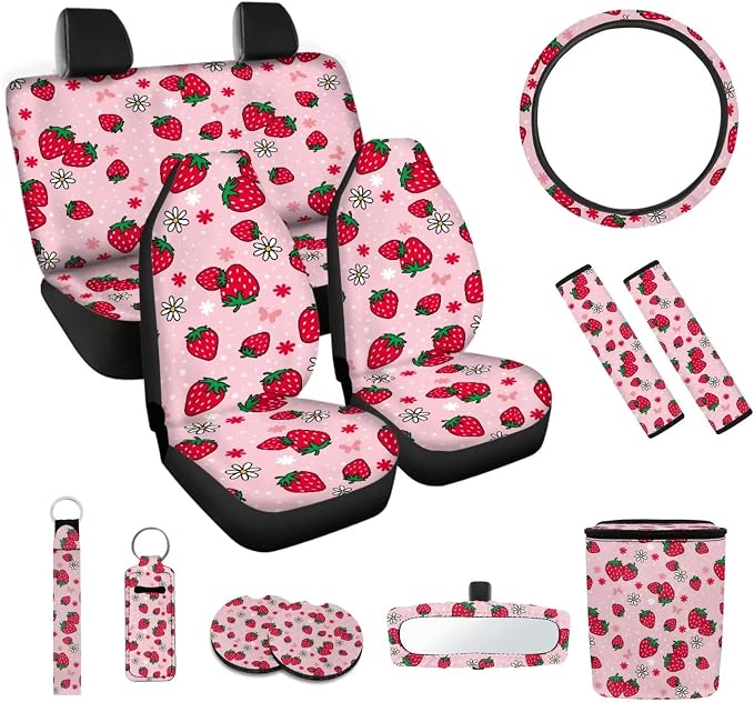 Strawberry Print 12 Pack Car Seat Covers Full Set Car Steering Wheel Cover Car Seat Belt Cover Keychain Holder Chapstick Holder Universal Fit for Vehicles,Cars,Suvs,Vans,Sedans