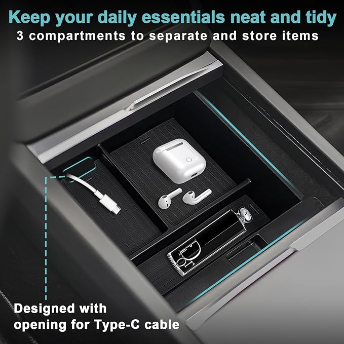 BestEvMod 5PCS Center Console Organizer Compatible with 2026 2025 Tesla New Model Y Juniper Accessories ABS Slide Smoothly Cup Holder Insert Wireless Charger Mat Silicone (Black) Not fit Standard