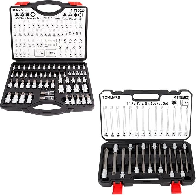TOMMARS 14-PC Long Torx Bit Socket Set T10-T70 & 60-Pc Master Torx Bit Socket and External Socket Set