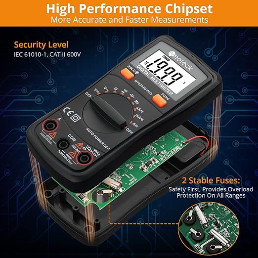 Neoteck Auto Ranging Digital Multimeter AC/DC Voltage Current Ohm Capacitance Frequency Diode Transistor Audible Continuity, Multi Tester with Backlit LCD