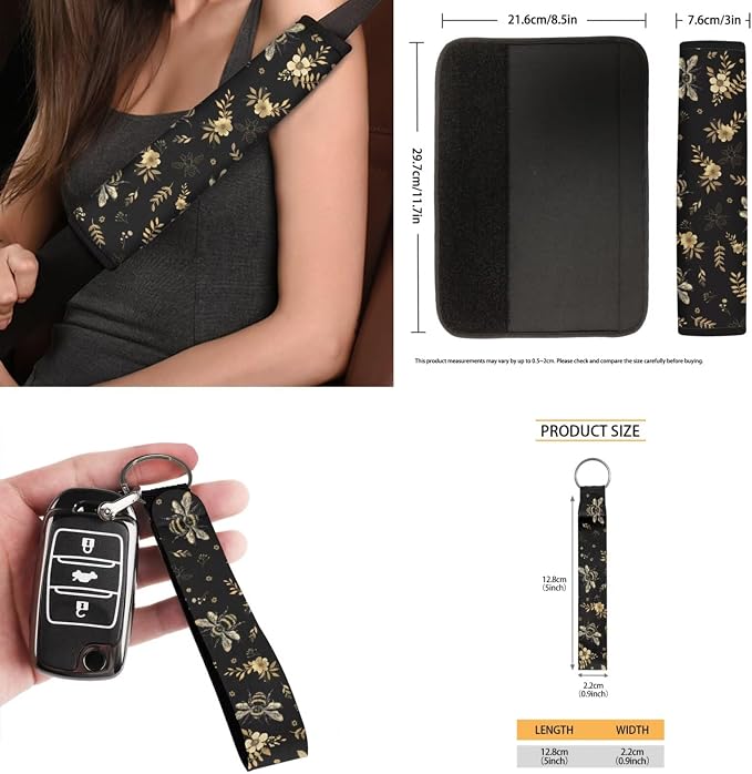 Floral Bee Auto Interior Accessories Car Seat Covers with Auto Steering Wheel Cover Seat Belt Covers Car Trash Can View Mirror Cover Coaster Keychains