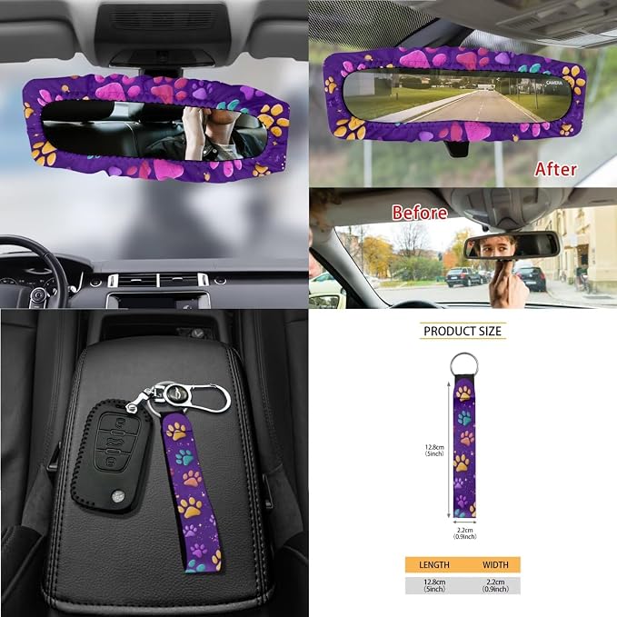 Dog Paw Print Car Interior Covers Full Set 15Pcs Universal Car Front and Rear Seat Covers with Steering Wheel Cover Safety Belt Pads Inside Rearview Mirror Cover Cup Mats