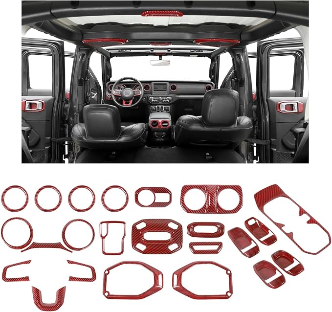 23pcs Full Set Interior Trim Kit for Jeep Wrangler JL JLU Gladiator JT 2018-2023 Steering Wheel Door Handle Air Conditioning Vent Cup Holder Reading Light Headlight Gear Cover, Red Carbon Fiber