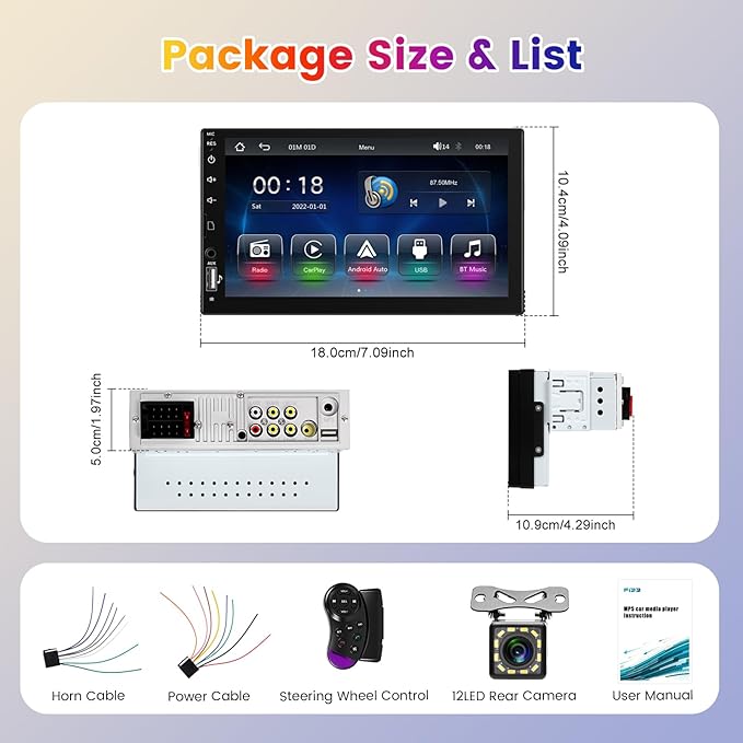 Single Din Car Stereo with Wireless CarPlay Android Auto, 7 Inch LCD Touch Screen Car Radio Bluetooth/MirrorLink/FM/EQ/USB/SWC/Type-C Charging + Backup Camera