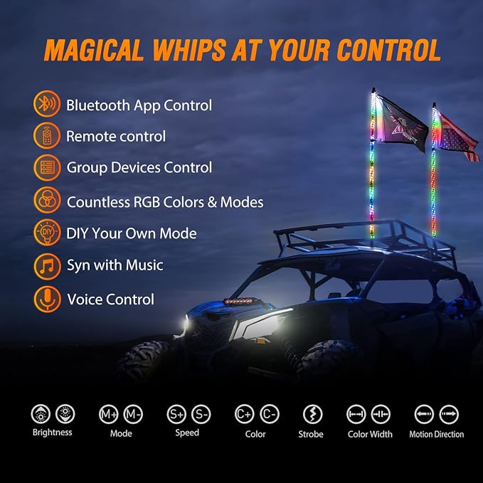 Nilight 2PCS 5FT RGB LED Whip Light, Remote App Control w/DIY Chasing Patterns Stop Turn Reverse Lighting Modes Safety Lighted Antenna for ATV UTV Polaris RZR Can-am Dune Buggy Jeep