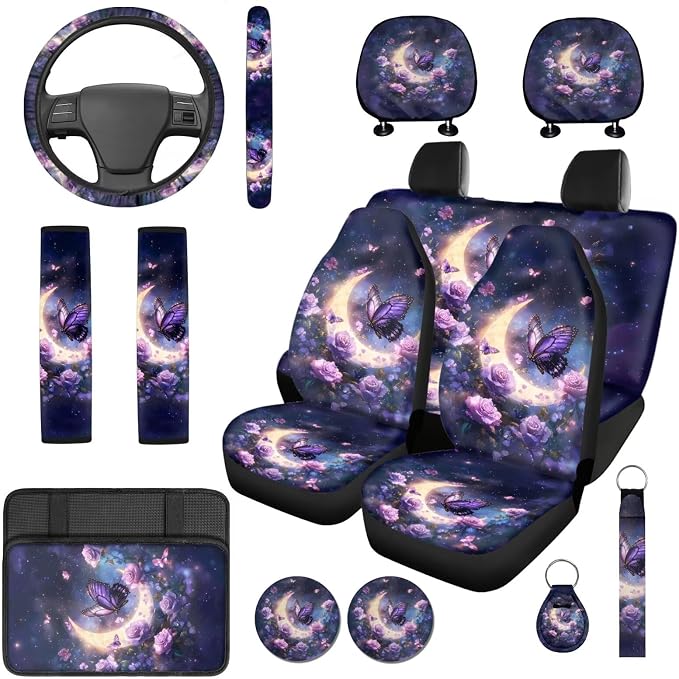 Bulopur Floral Butterfly Car Seat Covers Set with Armrest Cushion Pad Non-Slip Vehicle Seat Belt Shoulder Strap Covers Headrest Covers Coasters Vehicle Interior Decor Set for Van Sedan SUV 14 Pieces
