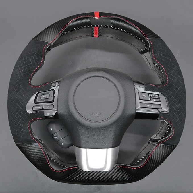 MEWANT Hand Stitch Black Matte PU Carbon Fiber Woven Embossed Athsuede Steering Wheel Cover for Subaru WRX STI 2015-2021