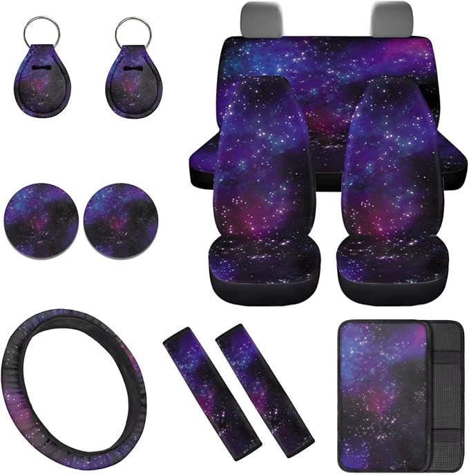 Galaxy 12Pcs Car Seat Covers Full Set Car Seat Belt Cover Steering Wheel Cover Armrest Cushion Cup Coasters and Keychain Holder Suitable for Most Cars,SUV