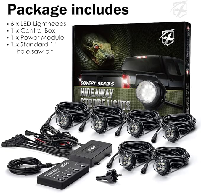 Xprite White Red LED Hideaway Strobe Lights Kit, 20 Flashing Patterns w/Control Panel Headlights Taillights Fog Light Interior Mounting, for Emergency Vehicles Firefighter Cars Trucks SUV 6PCS