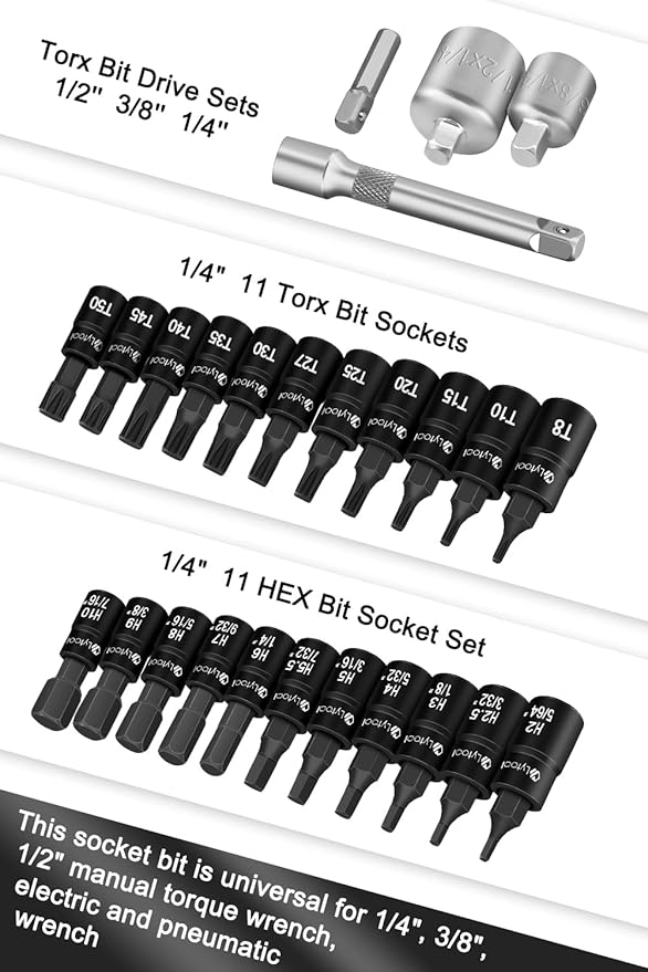 Lytool 3-Piece 72-Tooth Click Torque Wrench Set(1/4" 3/8" 1/2" Drive) with Torx and Hex Bit Socket Set 1/4”