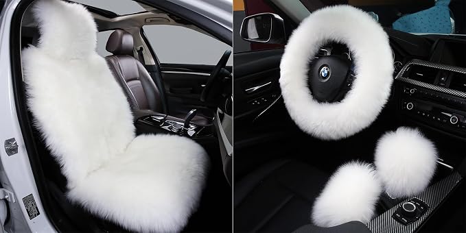 Fluffy Sheepskin Car Seat Cover, Steering Wheel Gear Shift Handbrake Cover for Auto Accessories